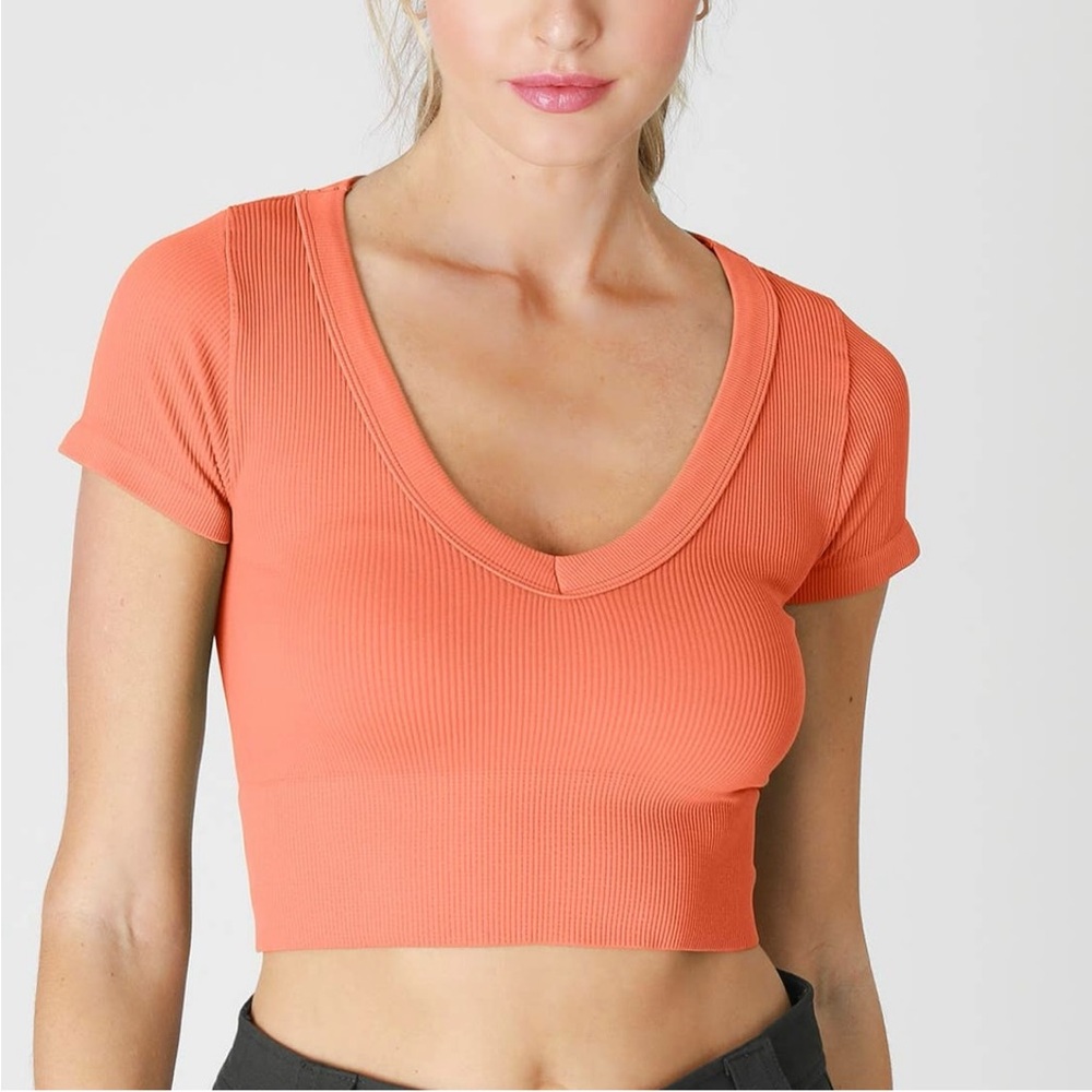 Garage Orange V Neck Ribbed Cropped Tee Shirt